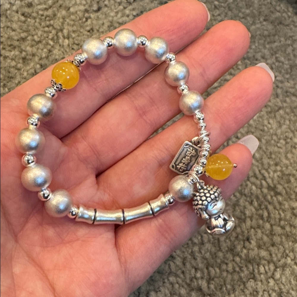 .Yellow Jade & Buddha Sterling Silver Bead Bracelet